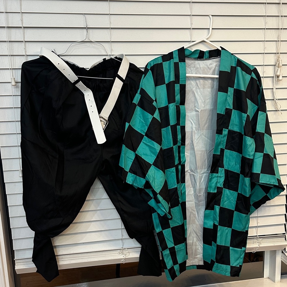 Tanjiro Kamado Green and Black Checkered Kimono with Black Pants, wig, earnings